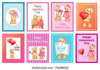 I love you and me teddy bears with heart sign vector illustration of stuffed toy animals, presents for Happy Valentines Day, cartoon posters