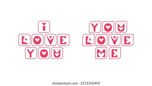 I love You'' You Love Me'' Text design over pink White background vector illustration Rectangle line cube block letters English alphabet,