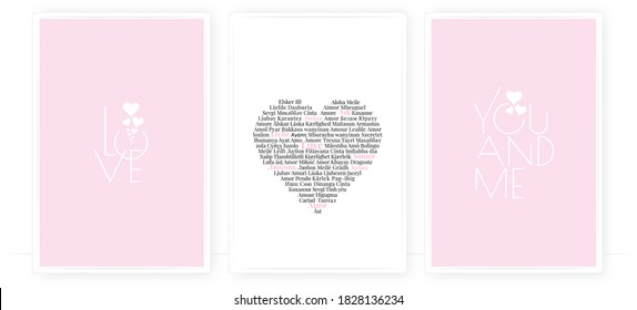 Love you and me, vector. Three pieces Scandinavian wall art design. Minimalist modern poster design. Wording design on baby pink background, lettering. Wall art, artwork 
