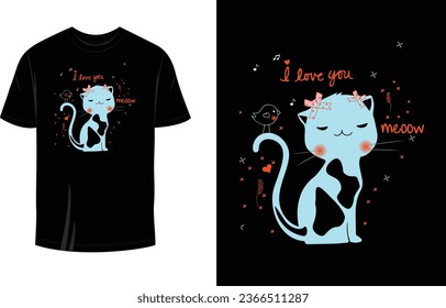 I Love you Meow Cat Print Ready T Shirt Design For Girls