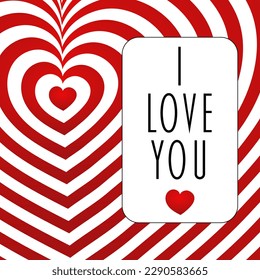 I love you. Love message card with red and white heart pattern.