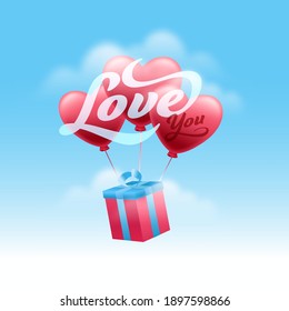 Love You Message Font With 3D Gift Box And Heart Balloons On Glossy Sky Blue Background.