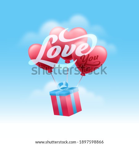 Love You Message Font With 3D Gift Box And Heart Balloons On Glossy Sky Blue Background.
