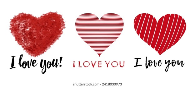 I love you message and heart icon badges, lettering postcard about love. Vector set.