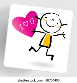 I love you message note paper  and cartoon cute kid holding heart  grouped   layered for easy editing 