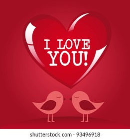 I love you message on red heart with lovely birds