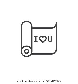 I love you message on scroll paper line icon, outline vector sign, linear style pictogram isolated on white. Valentines day greeting symbol, logo illustration. Editable stroke