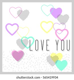 "Love you", minimalist card, abstract style. Silhouette hearts and lettering. Congratulations to the St. Valentine's Day. Print in pastel shades. Vector EPS 10