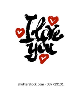 I love you. Modern brush calligraphy. Handwritten ink lettering. Hand drawn design elements.