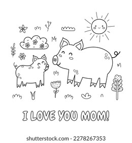 I Love You Mom black and white print with a cute mother pig and her baby piglet. Funny animals family coloring page for Mother’s Day. Vector illustration