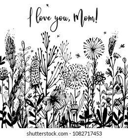 I love you, Mom black-and-white Background, celebration badge, tag. Text, card invitation, template. Vector illustration, Great design element for congratulation cards, print, banners and others