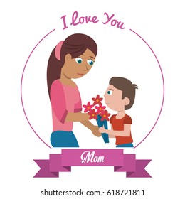 i love you mom card - woman and son gifting flowers