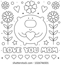 Love you mom. Coloring page. Black and white vector illustration.