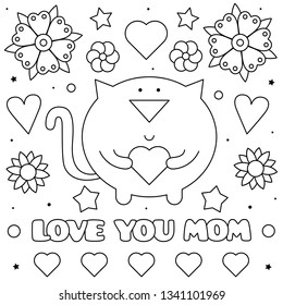 Love you mom. Coloring page. Black and white vector illustration.