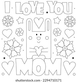 I love you Mom. Coloring page. Black and white vector illustration