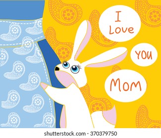 I love you mom - cute rabbit hug mother. Mother's Day greeting card with hand writing text. Abstract mother figure wear a hoover apron. Beautiful yellow gift card for mom's birthday.