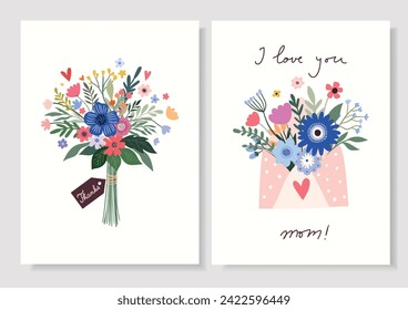 I love you Mom greeting cards set for Mother's Day, invitation, flyer with floral bouquets, festive design