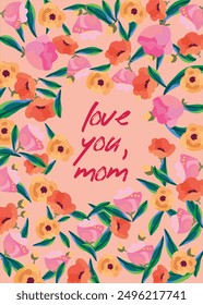 I love you mom greeting cards with beautiful blossom flowers.