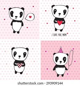 I love you, mom! Greeting cards for Mother's Day, Valentine's Day, birthday with pandas and hearts. Pink background. Hand drawn pandas for your design. Doodles, sketch. Vector illustration.