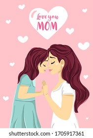 Love you Mom hand drawn greeting card, poster, banner. Mother and daughter holding hands. Family, parenthood, childhood concept. Mom and child cute cartoon. Warm relationships illustration. Vector
