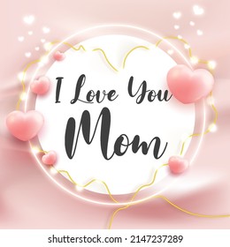 i love you mom happy mother's day greeting card template heart shape 3d render style on curtain wavy background