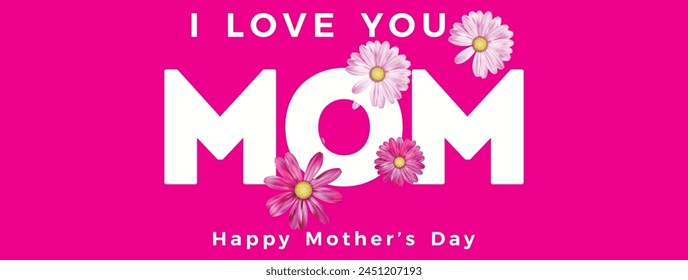 Love You Mom. Happy Mother's Day lettering. Mom calligraphy vector illustration. Mother's day card with red roses. isolated on pink color background