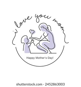 I love you mom Happy Mothers Day handwritten calligraphy lettering pastel purple line design stamp badge draw of giving heart and love to mom on white background