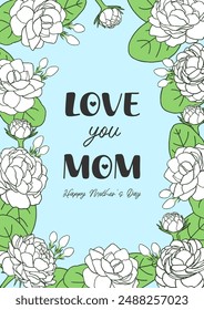 Love You Mom, Happy Mother's Day greeting card vector illustration.  Jasmine flower frame background.