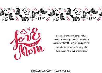 Love You Mom isolated on background with heart and wings. Handwritten lettering Love You Mom as logo, badge. Vector illustration for Happy Mother's Day, invitation, greeting card, web, banner