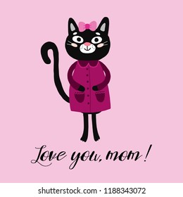 "Love you, mom" lettering. Cute mom cat. Mother's day card, baby shower poster. Character vector illustration.