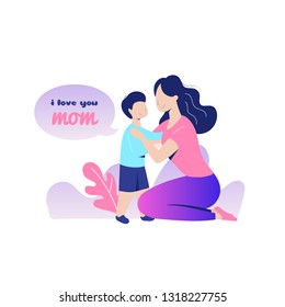 I love you mom. Mother`s day cute illustration. Mother and son. Vector