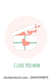 I love you mom. Mother's day greeting card background. Gift box with hearts. Spring happy holiday banner template. Festive cover with decoration. Vector flat illustration.