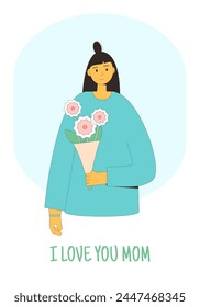 I love you mom. Mother's day greeting card. Woman with flowers bouquet. Spring happy holiday banner template. Festive cover with decoration. Vector flat illustration.