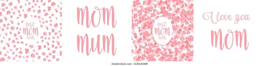 I Love You MOM And MUM Versions Cards Template. Simple Pink Pattern With Cherry Blossom For Scrapbooking Project.