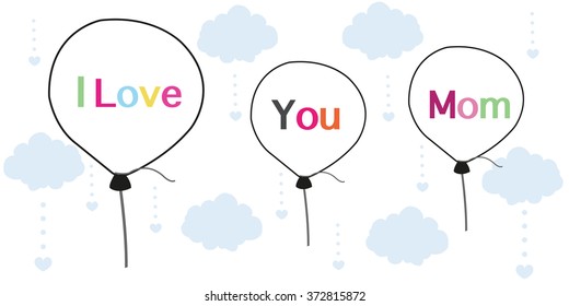 I love you mom on Mother's Day greeting card printed balloons vector background