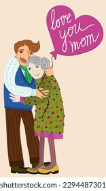 Love you, mom. Son embraces his mother and holds a balloon with lettering. Mother's Day concept. Vector isolated illustration.