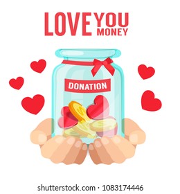 Love You Money Hand Holding Jar With Coin Heart Donation Background Vector Image
