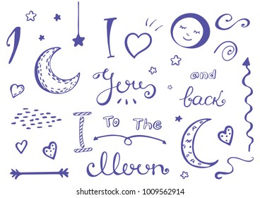 I love you to the moon and back. Awesome romantic card with lovely planets, moon, comic astronauts, spaceships, starts and comets
