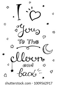 I love you to the moon and back. Awesome romantic card with lovely planets, moon, comic astronauts, spaceships, starts and comets