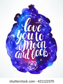 love you to the moon and back. beautiful card with a declaration of love and astronauts. hand-drawn illustration