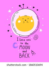 I love you to the moon and back. cartoon hare, hand drawing lettering, decor elements on neutral background. Colorful vector illustration for kids. flat style. baby design for cards, posters, t-shirt 