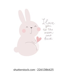 I love you to the moon and back. Cartoon rabbit, hand drawing lettering. colorful vector illustration, flat style. design for print, greeting card, poster decoration, cover