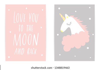 Love you to the moon and back. Child's gently pink gray poster with a unicorn  and lettering composition.