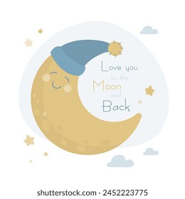 I love you to the moon and back. Cute positive lover slogan with golden moon and stars isolated on the white. Newborn greeting card. Romantic vector design for wishes, Valentines Day, date, wedding.