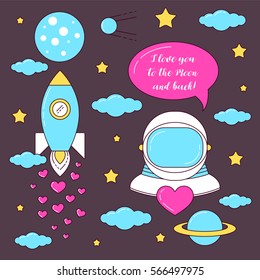 I love you to the Moon and back illustration with astronaut and rocket flying among stars and clouds.