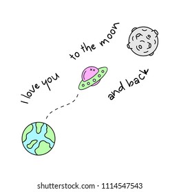 I love you to the moon and back quote, vector hand drawn illustration. Cute outer space objects; planet Earth, alien, ufo - flying saucer and Moon, with writing.