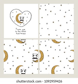 I love you to the moon and back. Set of Greeting card with heart and cute pandas on the moon. Seamless pattern for gift wrap, textile or book covers, wallpapers and scrapbook. Vector.