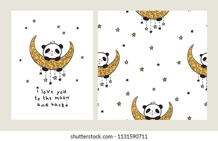 I love you to the moon and back. Set of Greeting card with heart and cute pandas on the moon. Seamless pattern for gift wrap, textile or book covers, wallpapers and scrapbook. Vector.