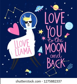 Love You To The Moon greeting Valentines Day card with cute funny llama in space with a planets, rocket and alien spaceship in cartoon style