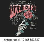 Love you more. Always and forever. Hand with rose. Rock and roll vector t-shirt design. Live forever. Music world tour artwork. Wild and free. Music slogan logo design. Rock music poster design.